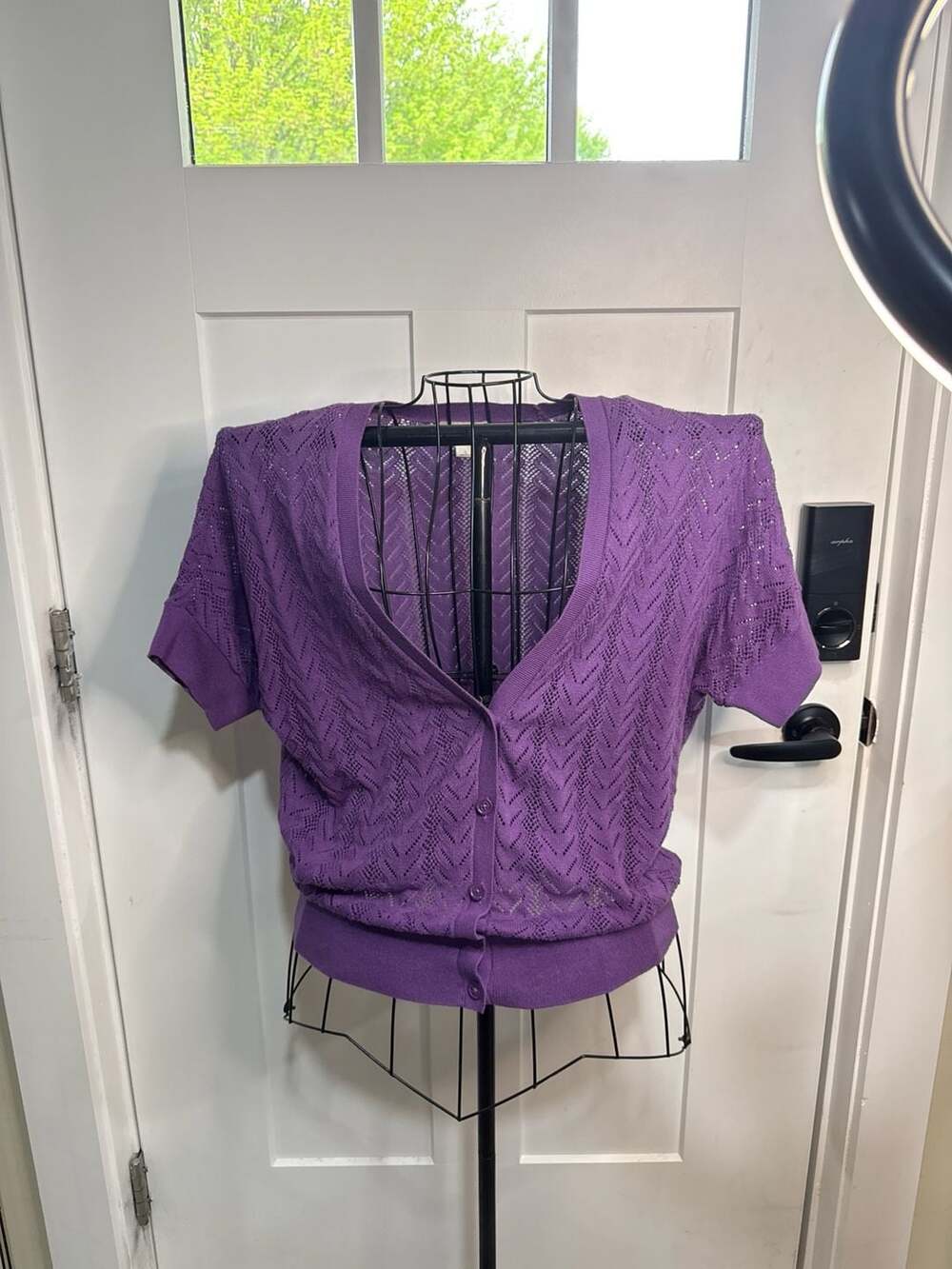 LOFT Purple Pointelle Chevron Short Sleeve Cardigan Size L